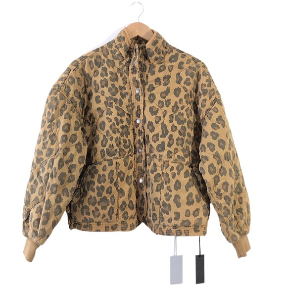 Blank NYC Tan Brown Black Spotted Leopard Quilted Button Up Bomber Jacket S - Picture 5 of 9